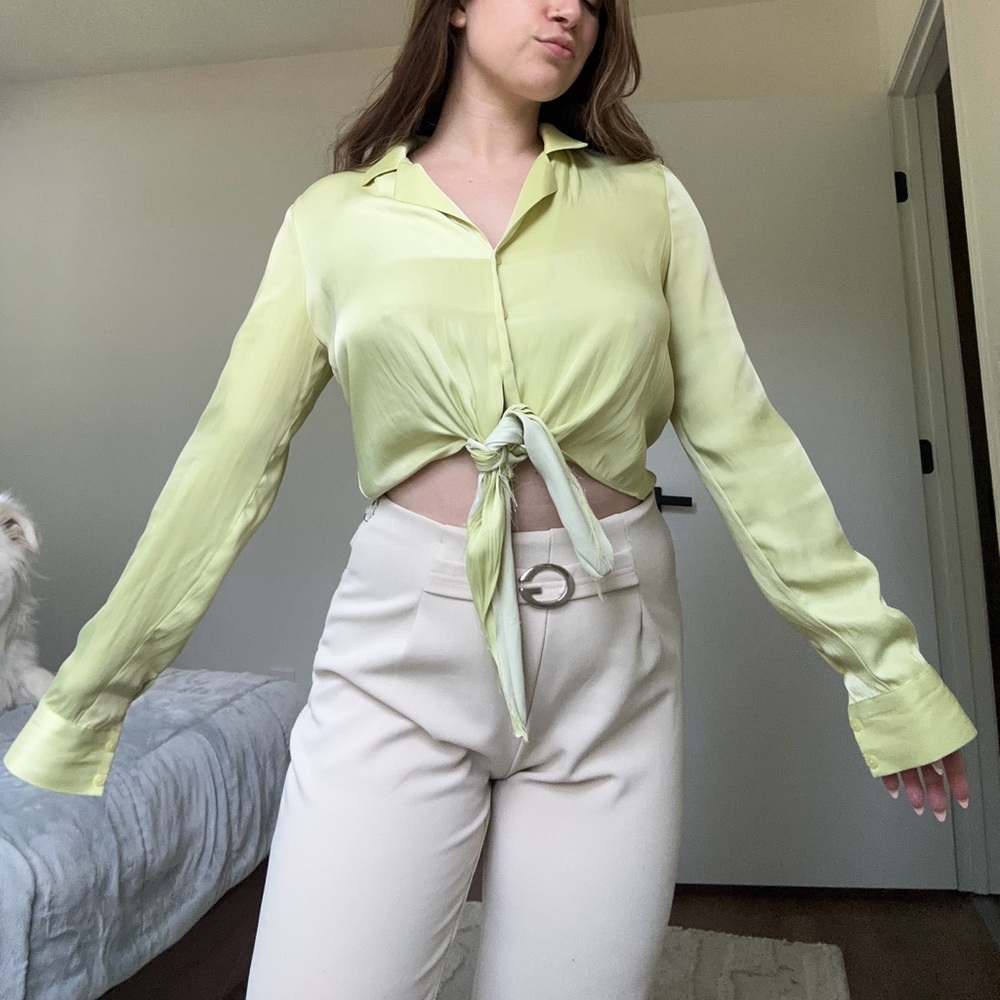 Rachel Zoe Pale Lime Tie-Front Long Sleeve Blouse